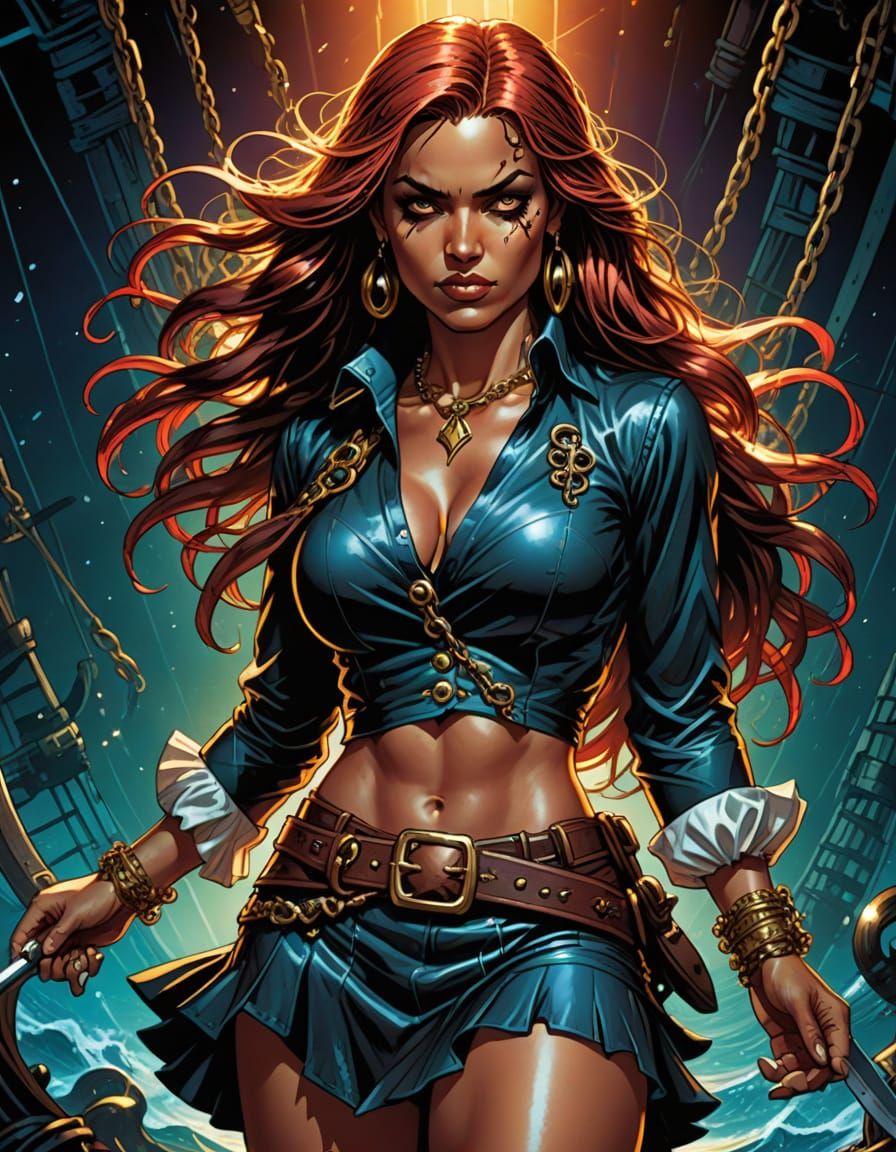 Pirate Woman Posing on Black Pearl in Comic Book Style