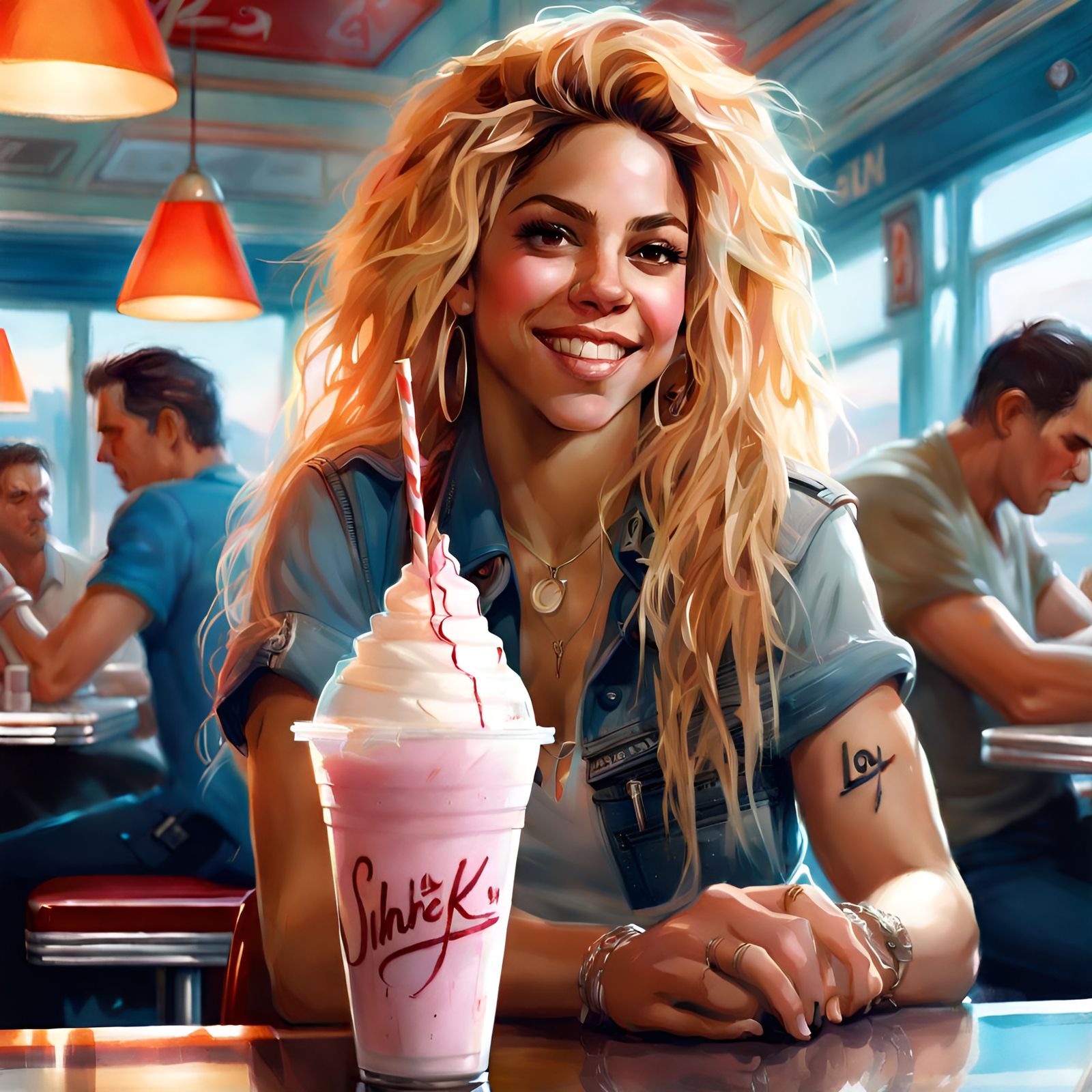 Shakira Portrait with Milkshake in Digital Art Style