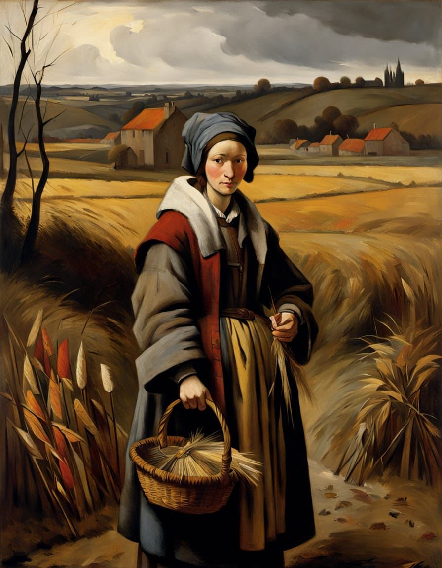 A Young Peasant Woman in a Patchwork Fur Coat, Autumn Landsc...