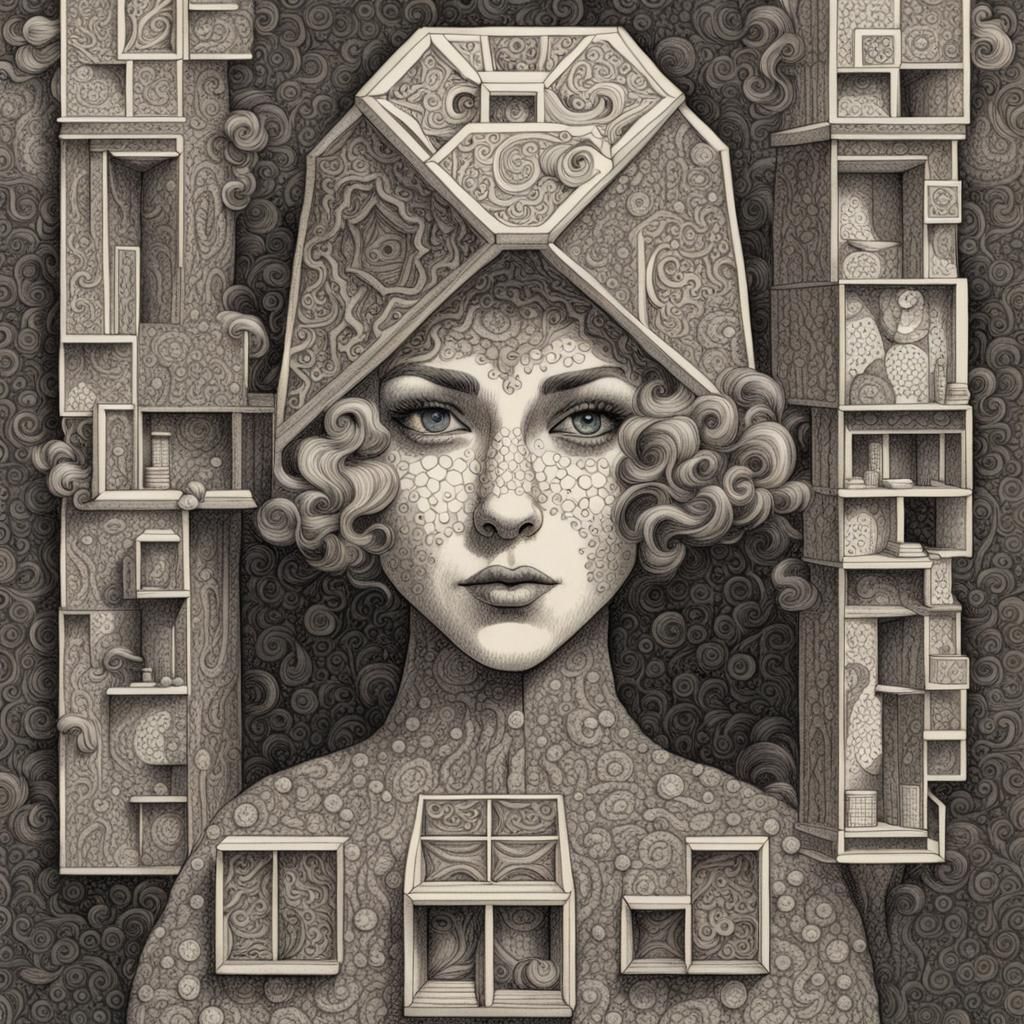 Menger Sponge Woman: Whimsical Maximalist Illustration