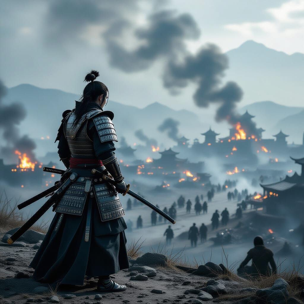 Lone Samurai Overlooking Battlefield - Cinematic Style