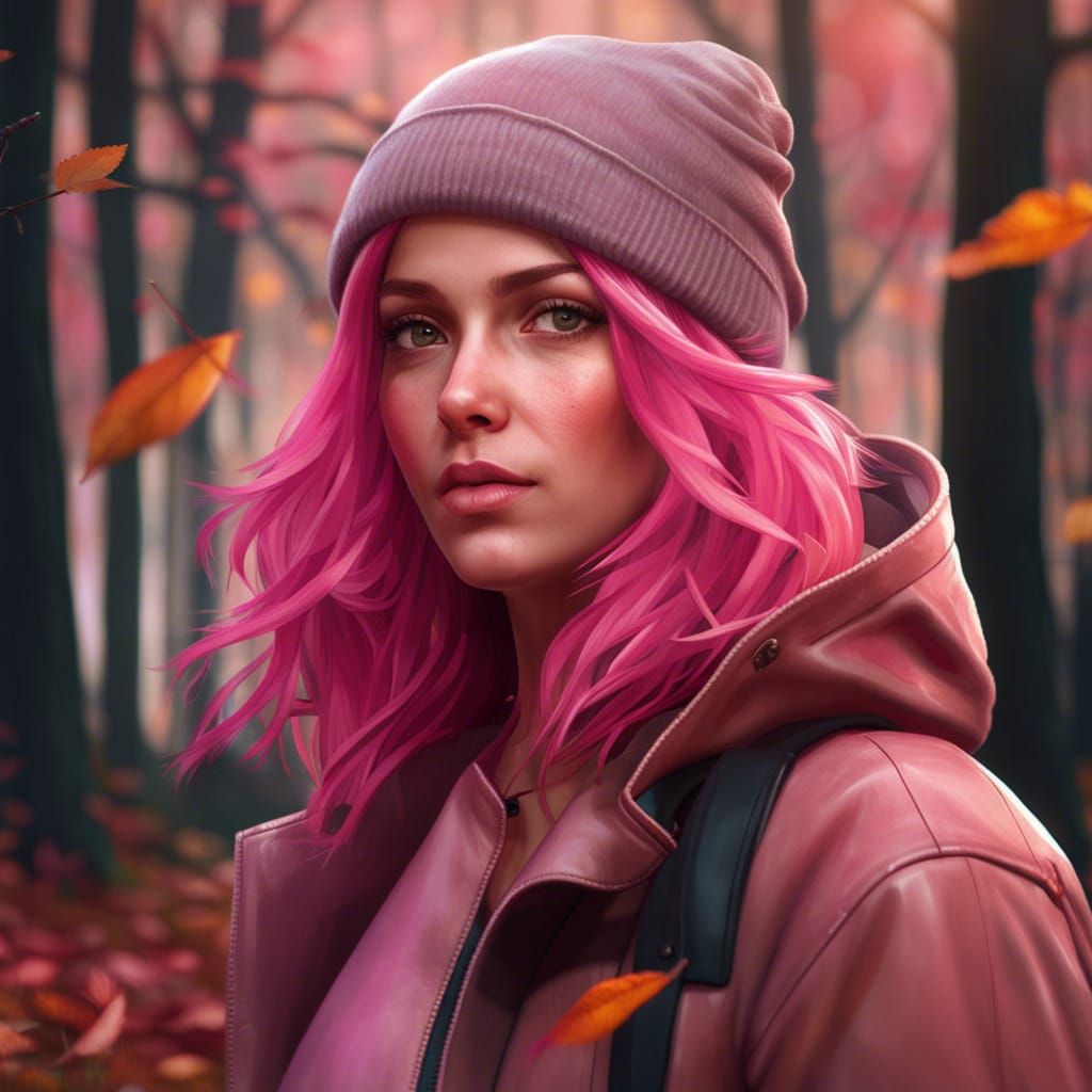 Pink-Haired Woman in Autumn Forest, Hyperdetailed Art