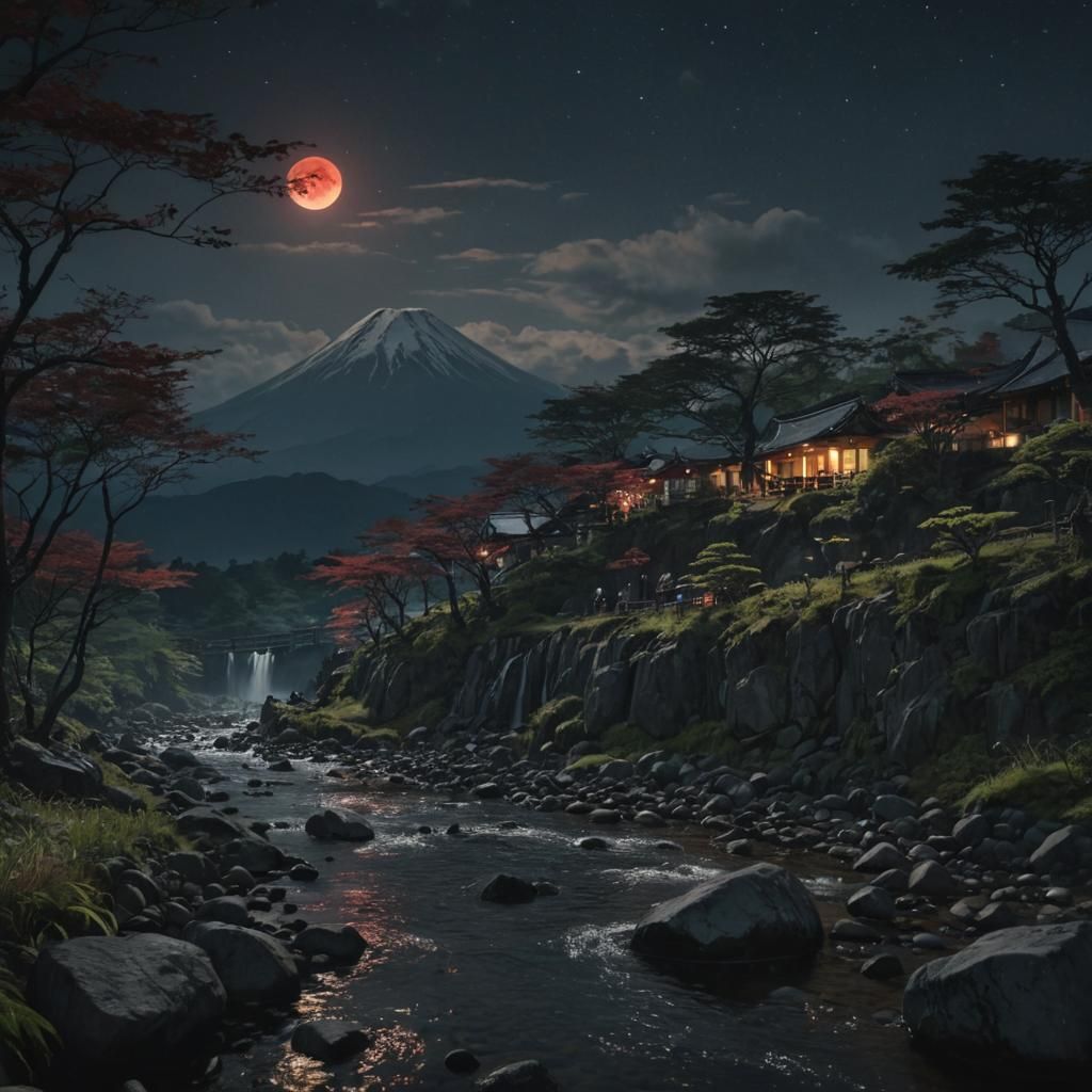 Hyperrealistic Mt. Fuji Scene with Villagers and Red Moon