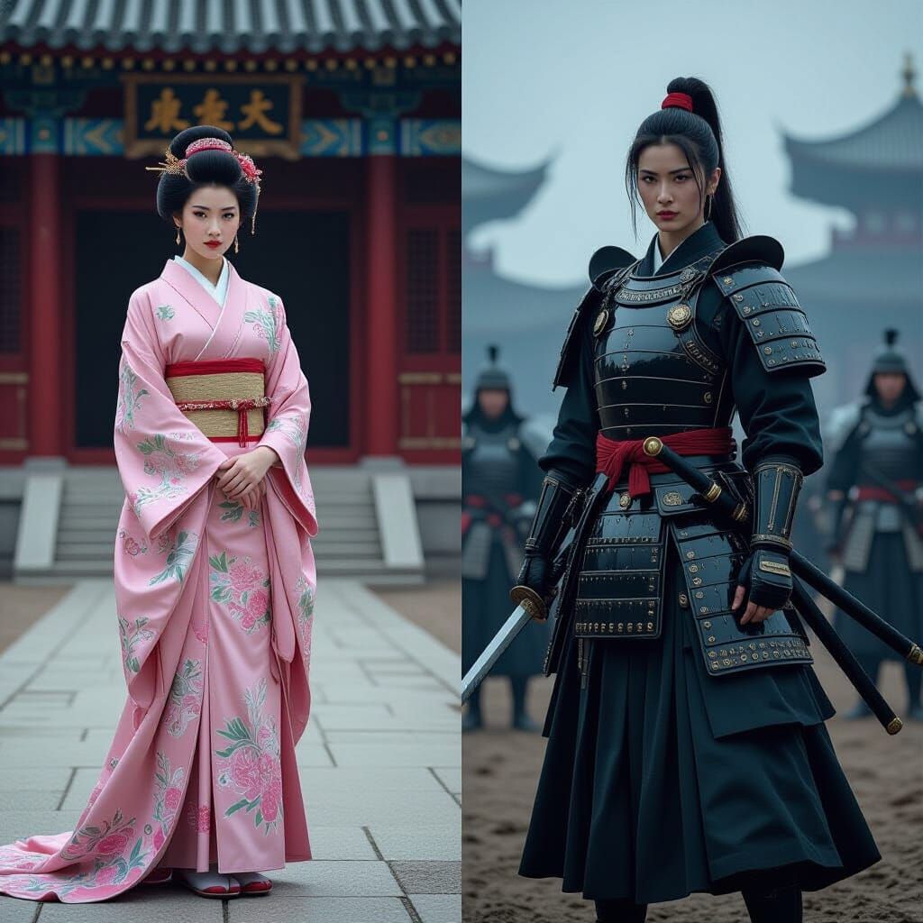 Contrasting Portraits: Concubine and Samurai in Color-Noir