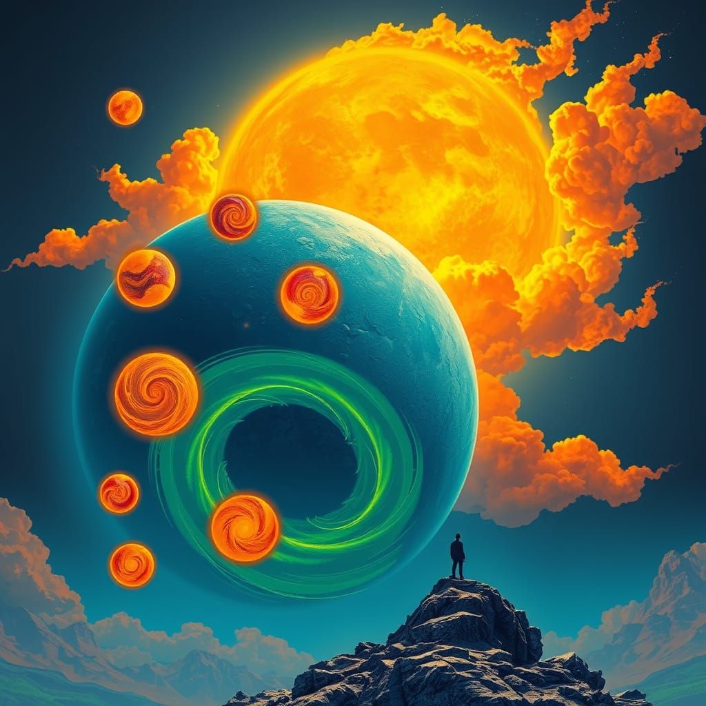 Surreal Blue Planet with Fiery Orbs