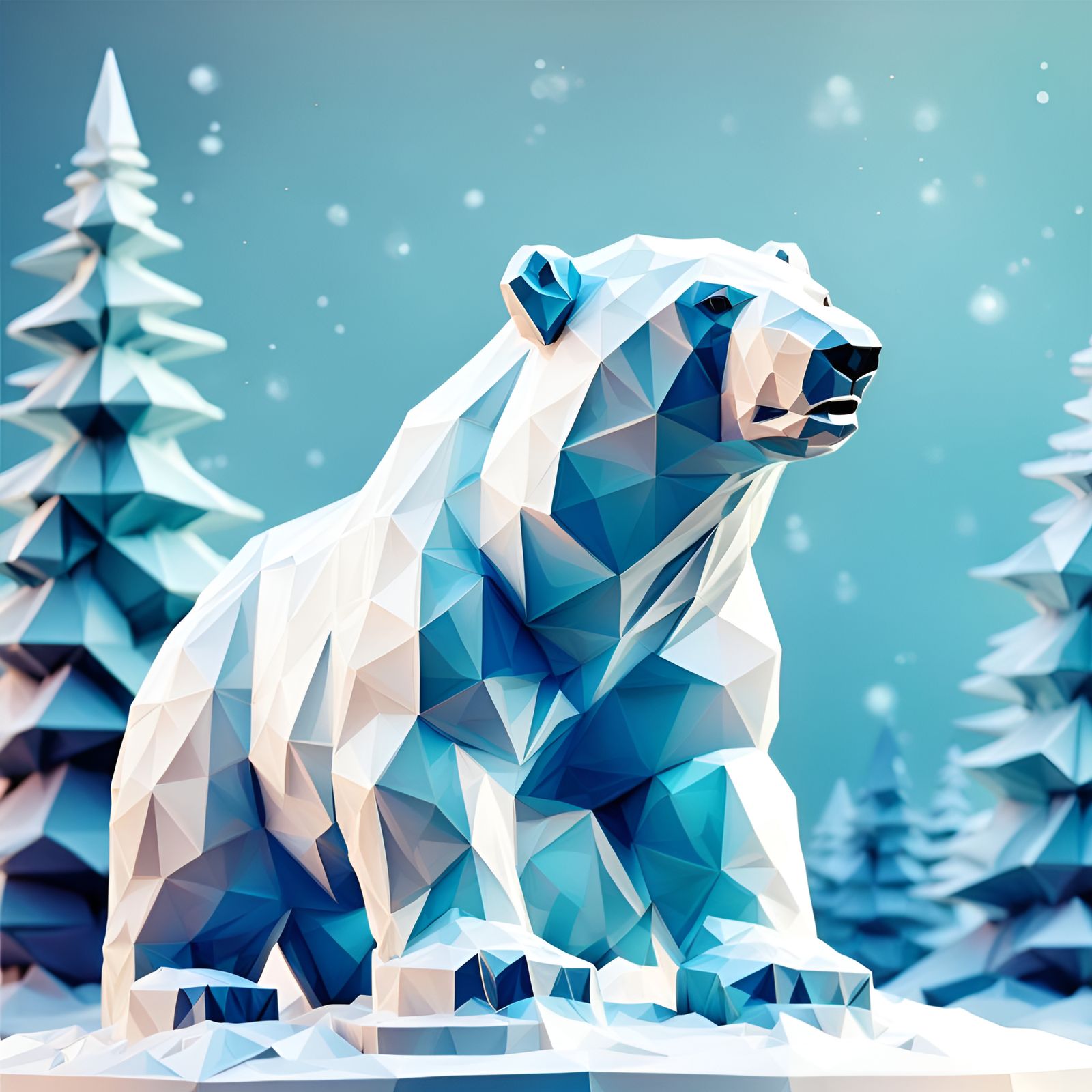 Low Poly Ice Bear Sculpture in Winter Wonderland