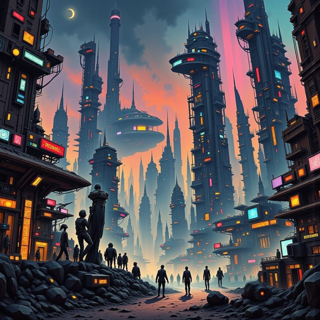 Busy Sci-Fi Spaceport in Gritty Futuristic Style