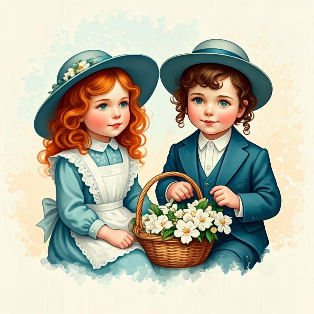 Vintage Haredi Children in Whimsical Summer Scene