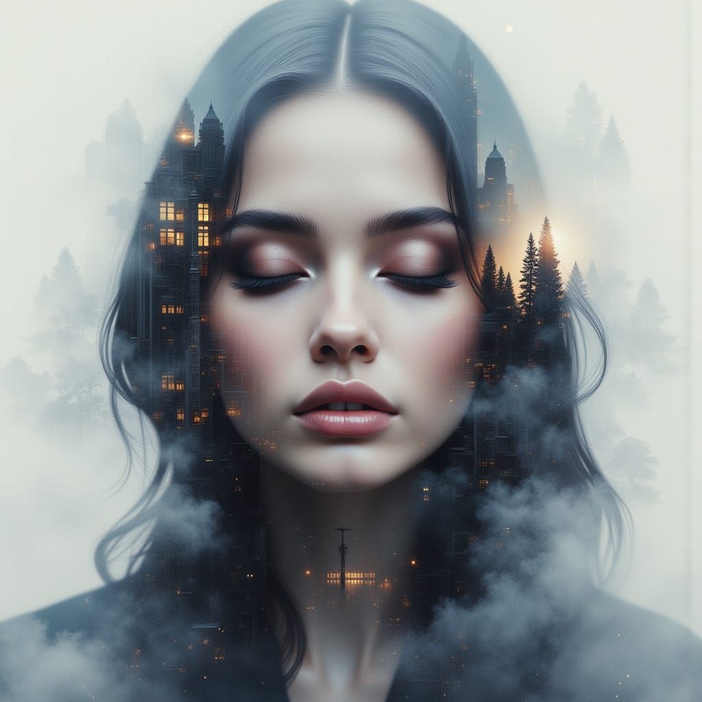 Surreal Double Exposure Portrait of a Giant Woman