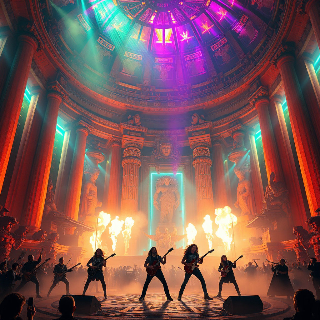 Epic Rockband Performance in Ancient Temple Arena