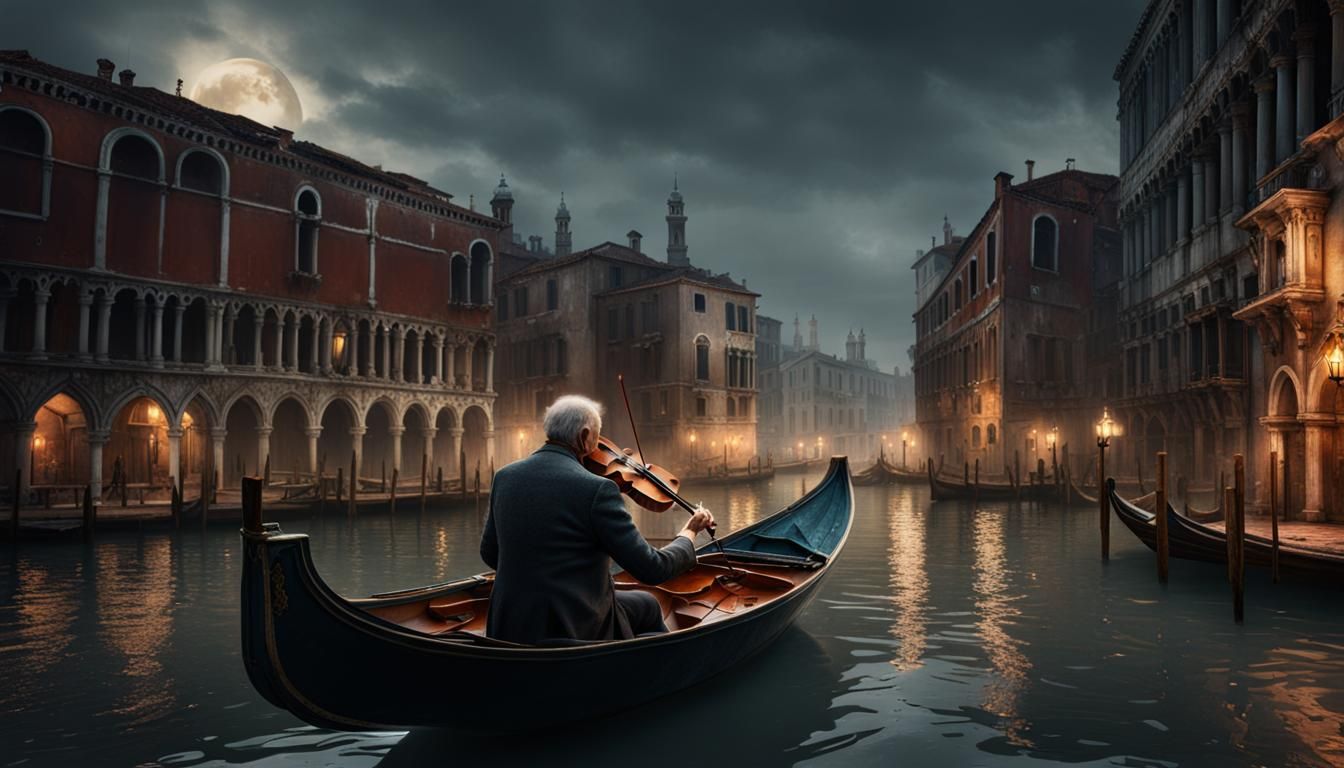 Venice Rainy Night: Old Man's Violin Fantasy Art
