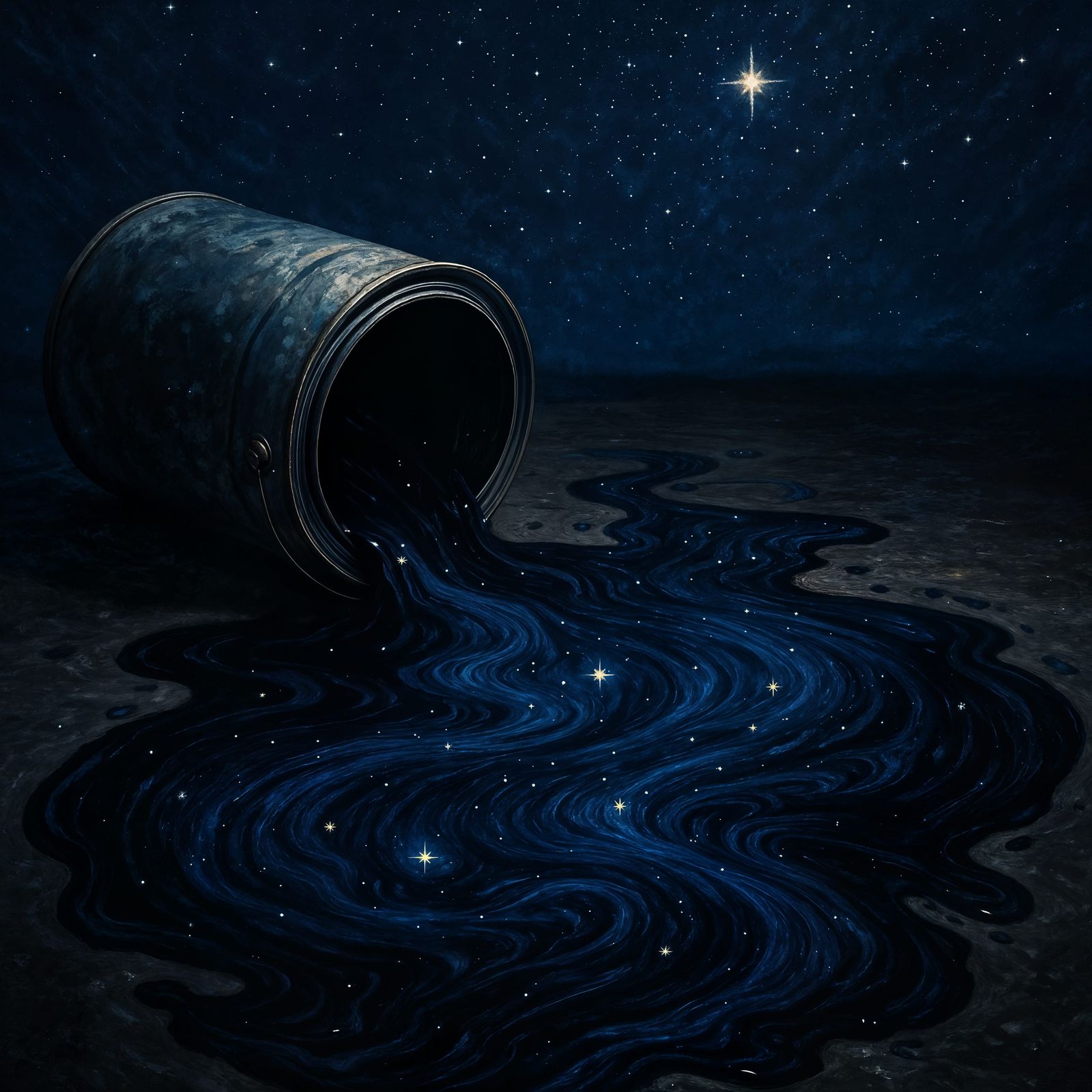Paint Can Spills Liquid Starry Night Sky