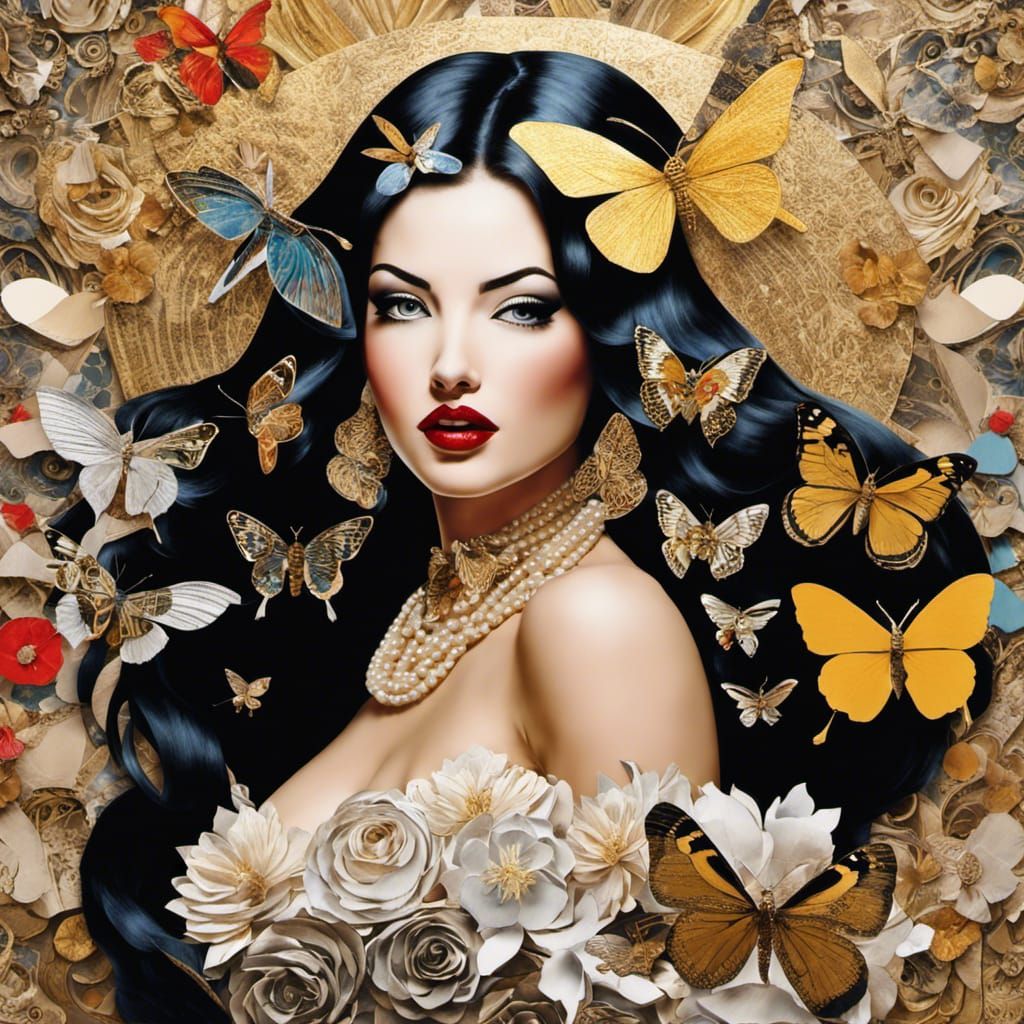 Retro Pinup Collage Art With Moths and Pearls