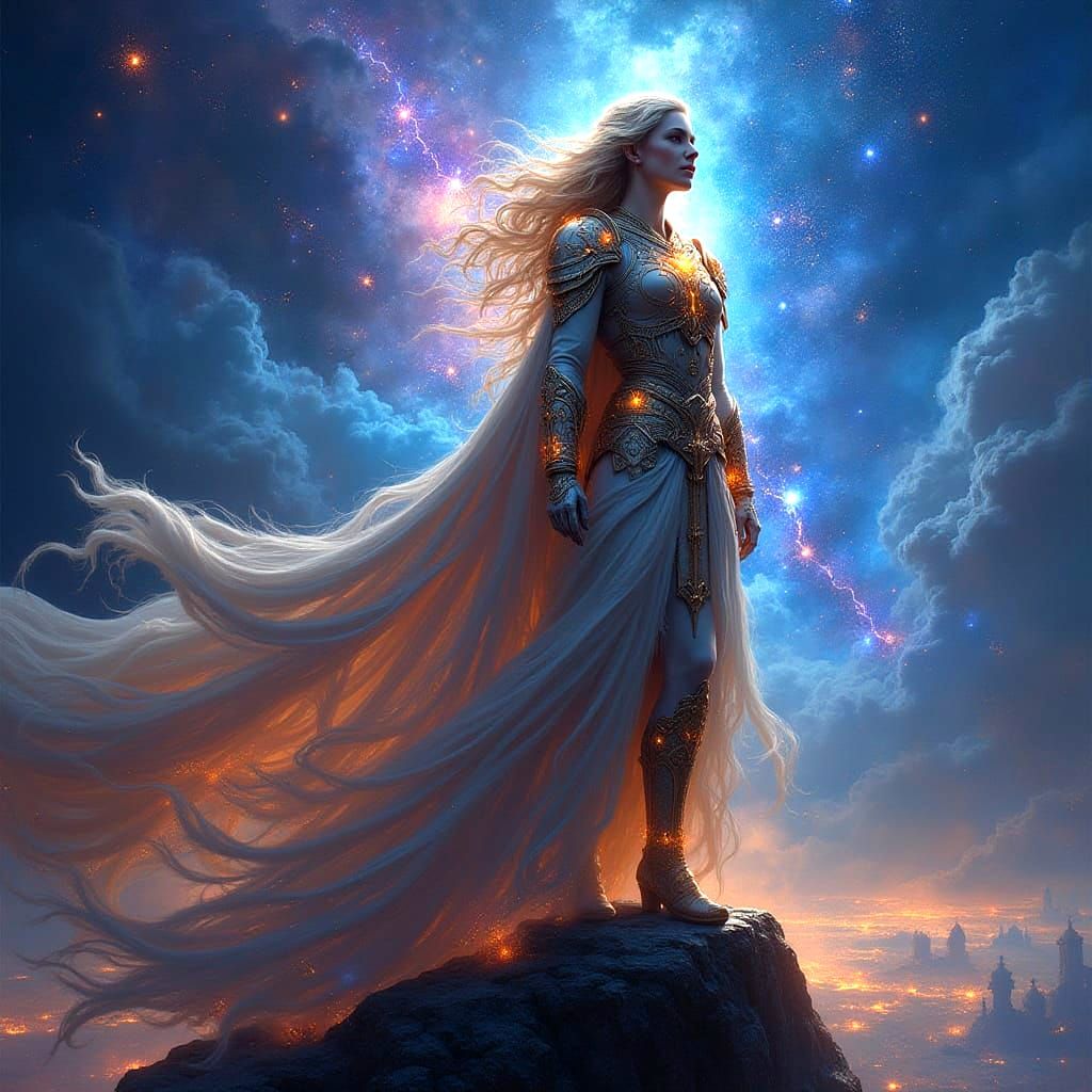 Celestial Warrior Overlooking Galaxy in Hyperrealism