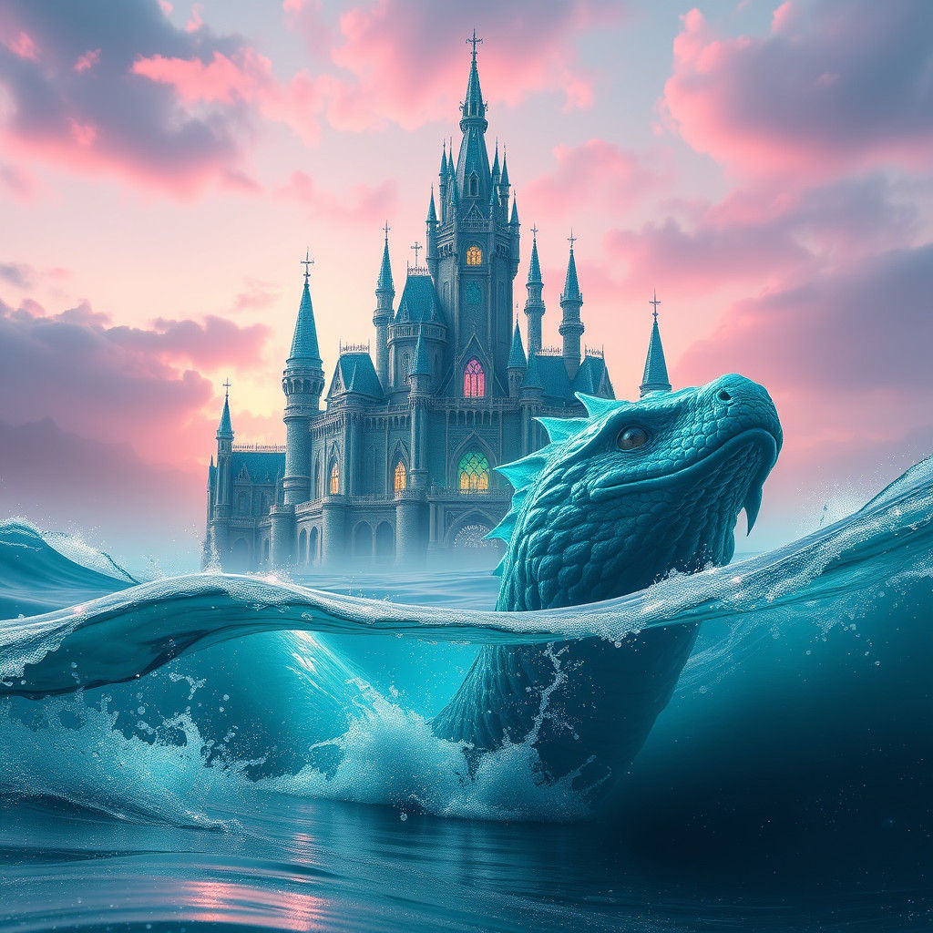 Aqua Castle and Serpentine Monster in Digital Painting