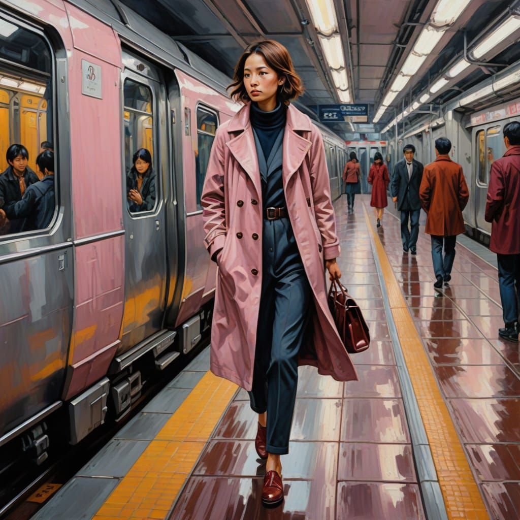 Expressionist Subway Scene: Oil Painting in Tokyo