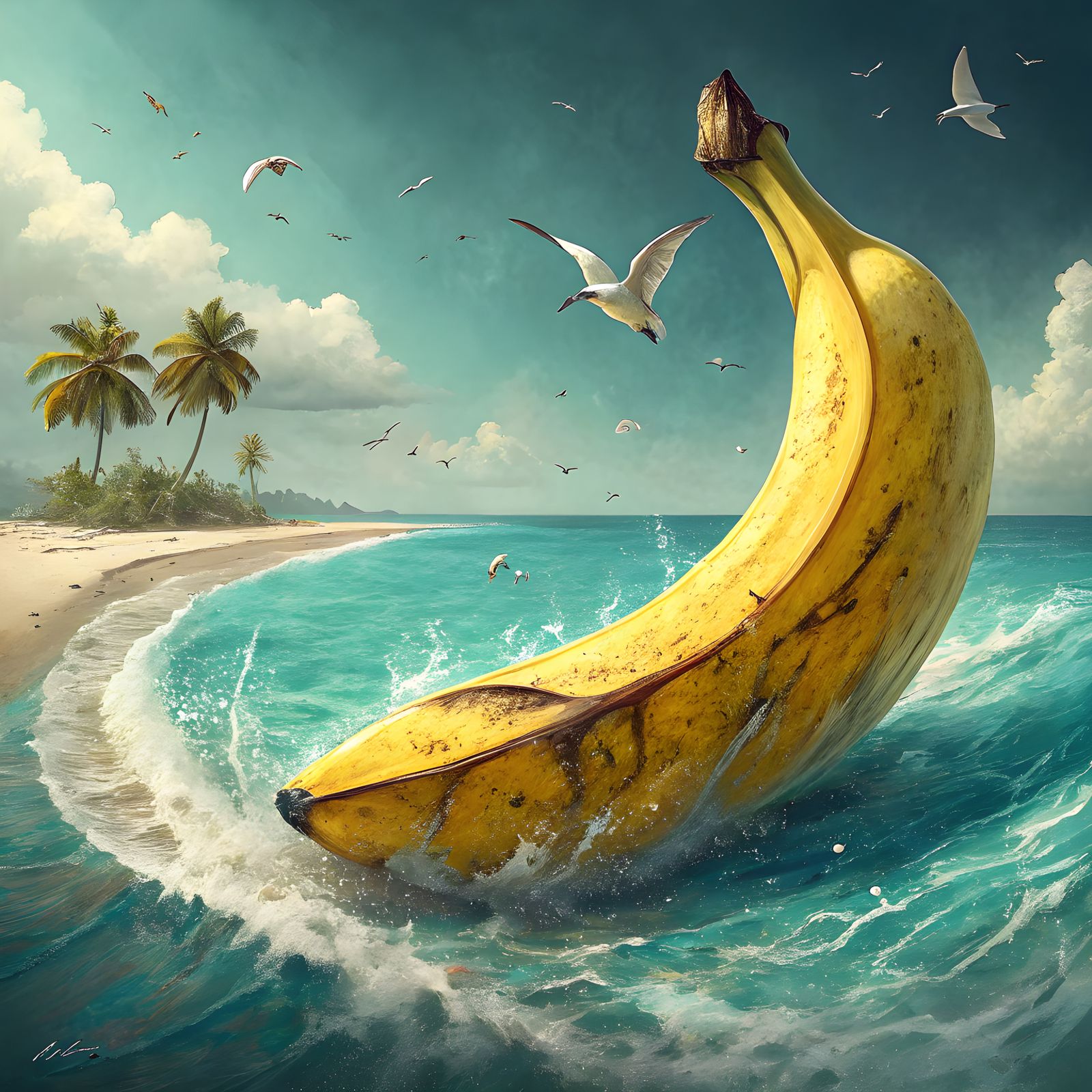 Giant Banana Floats in Dreamlike Ocean Scene
