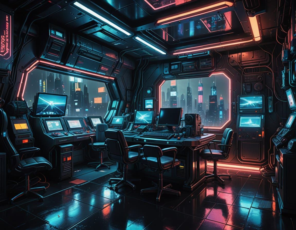 Cyberpunk Home Office Amidst Neon Cityscape