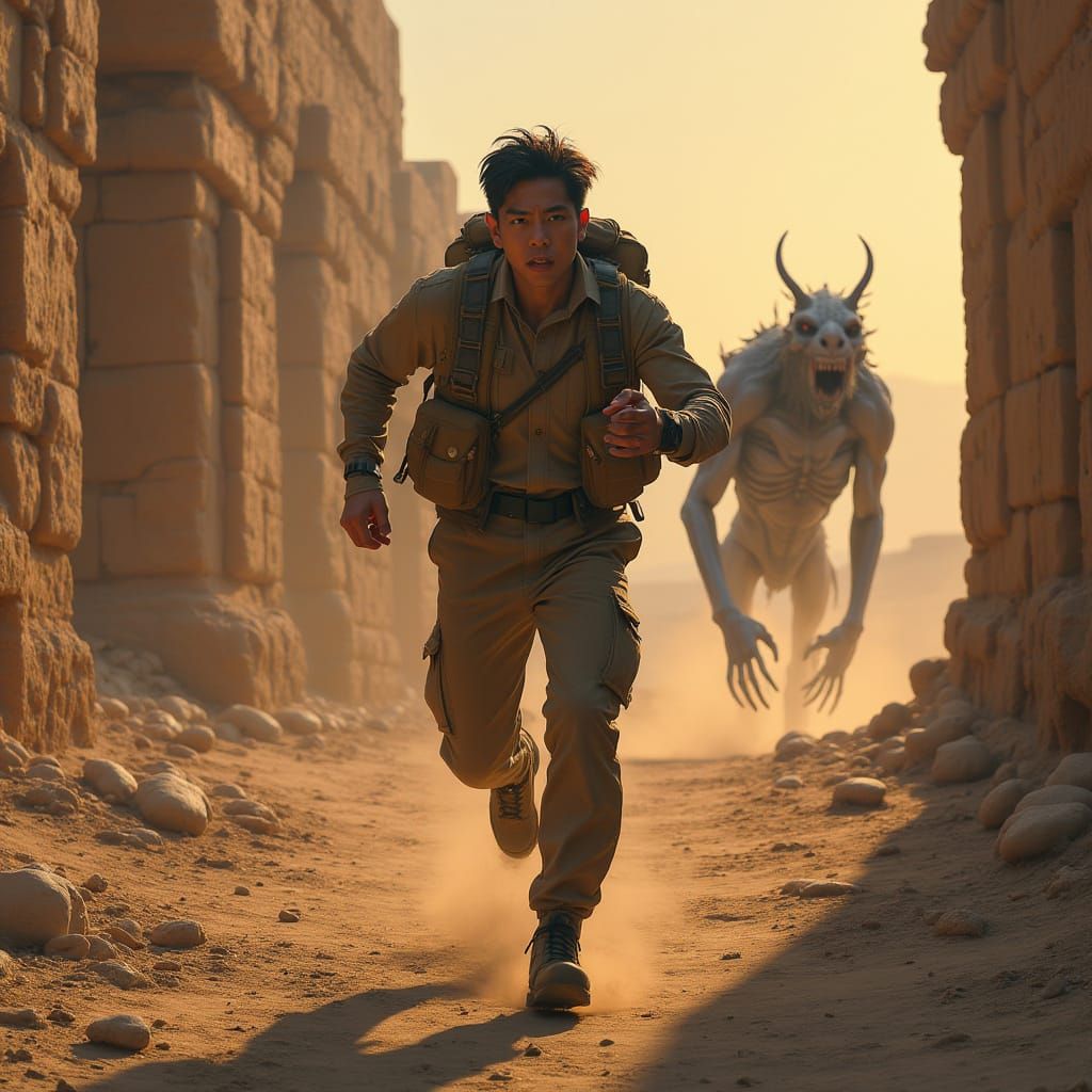 Man Sprinting Through Ruins in Hyperrealistic Style