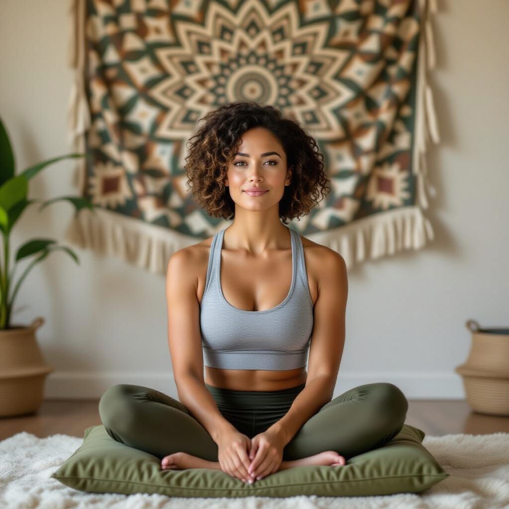 Hyper-Realistic Photo: Hispanic Woman on Yoga Pillow