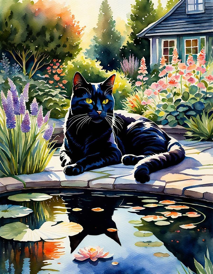 Black Cat in Watercolor Cottage Garden