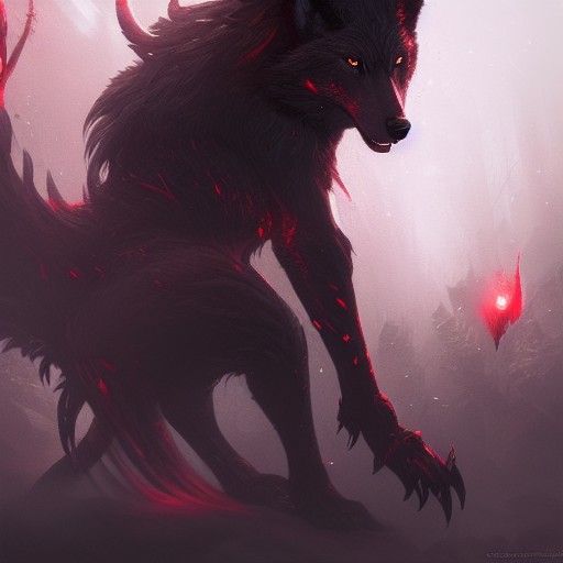 Wolf Goddess with Red Eyes, Hyperdetailed Fantasy Art