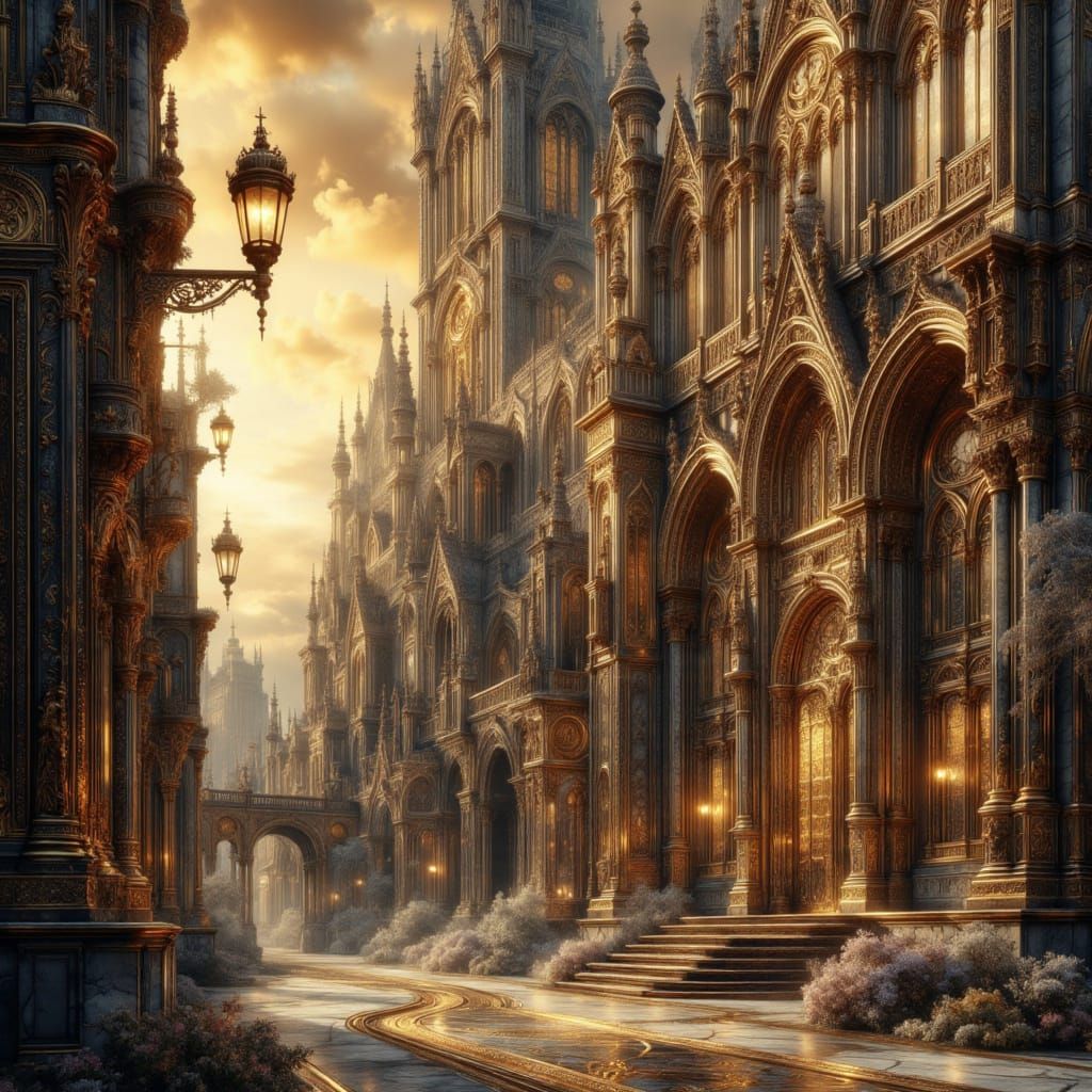 Gothic Cathedral at Sunset in Digital Matte Painting Style