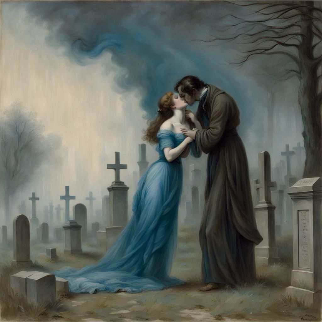 Ghostly Woman Kisses Grieving Man in Cemetery