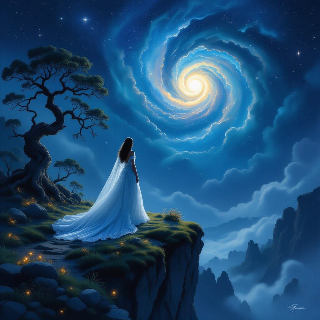 Ethereal Woman Gazes at Nebula on Cliff Edge