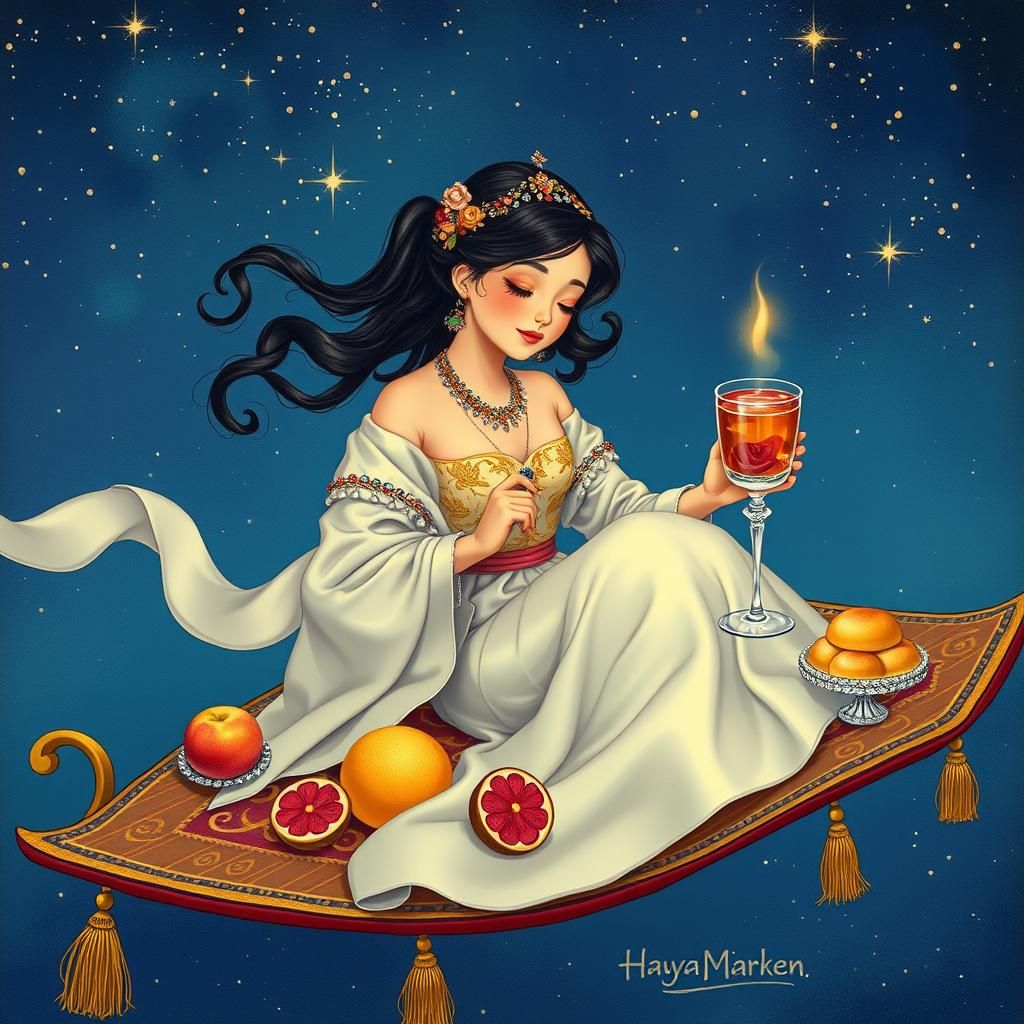 Woman on Magic Carpet in Art Nouveau Style