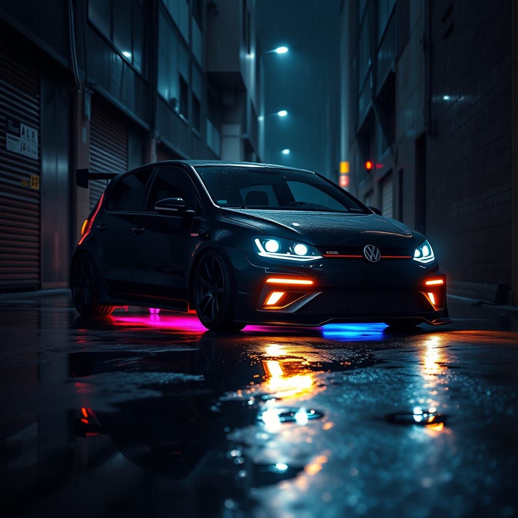 Neon-lit Golf G60 in Rain-Soaked Cyberpunk Alley