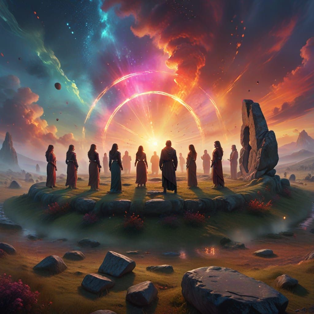 Stone Circle Aurora in Vibrant Digital Painting Style