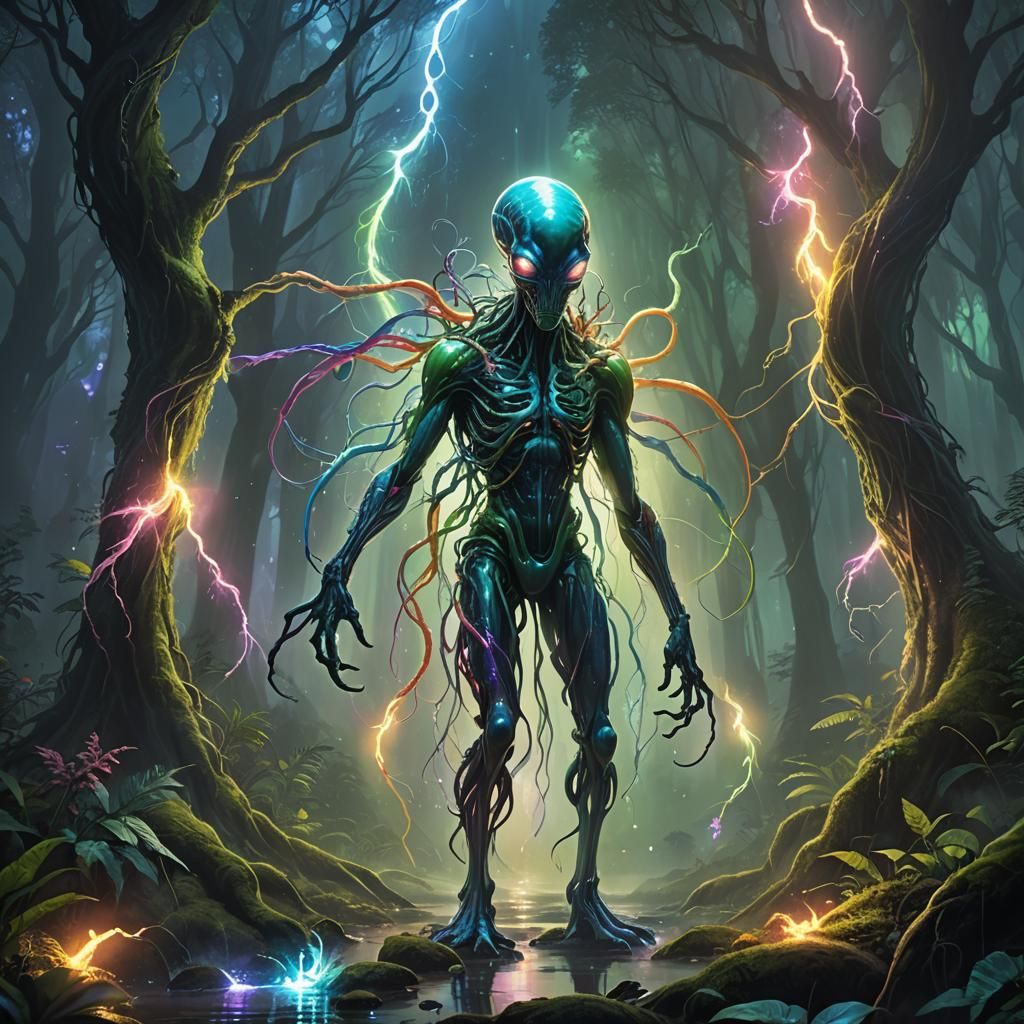 Mystical Alien with Rainbow Tentacles in Neo-Surrealist Styl...