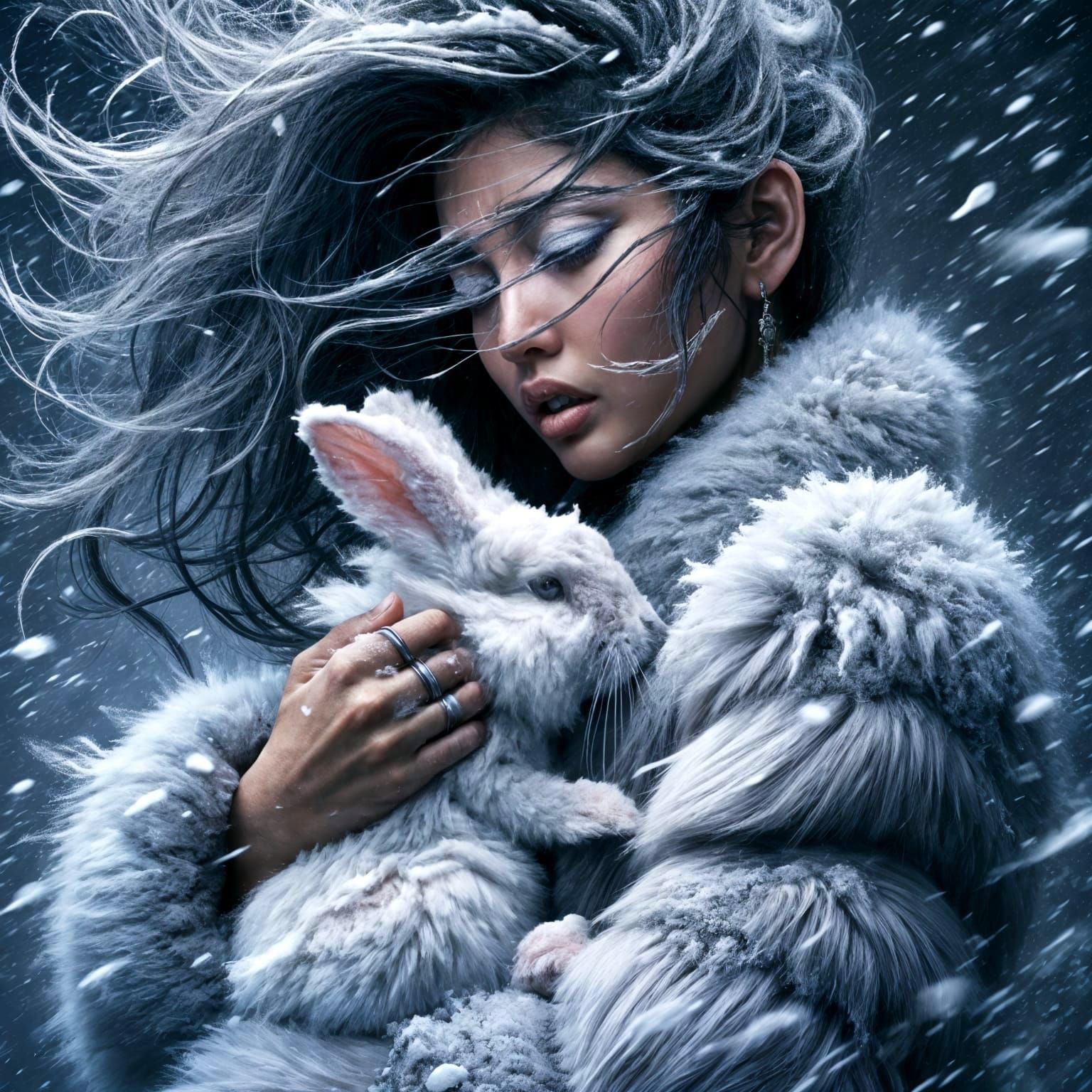 South Asian Woman with Rabbit in Snowstorm