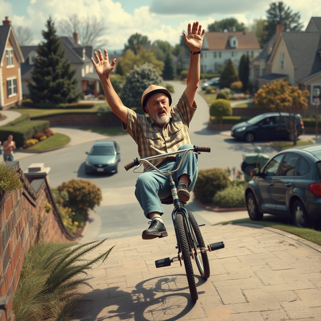 Hyperrealistic Old Man on Tricycle, Suburban Scene
