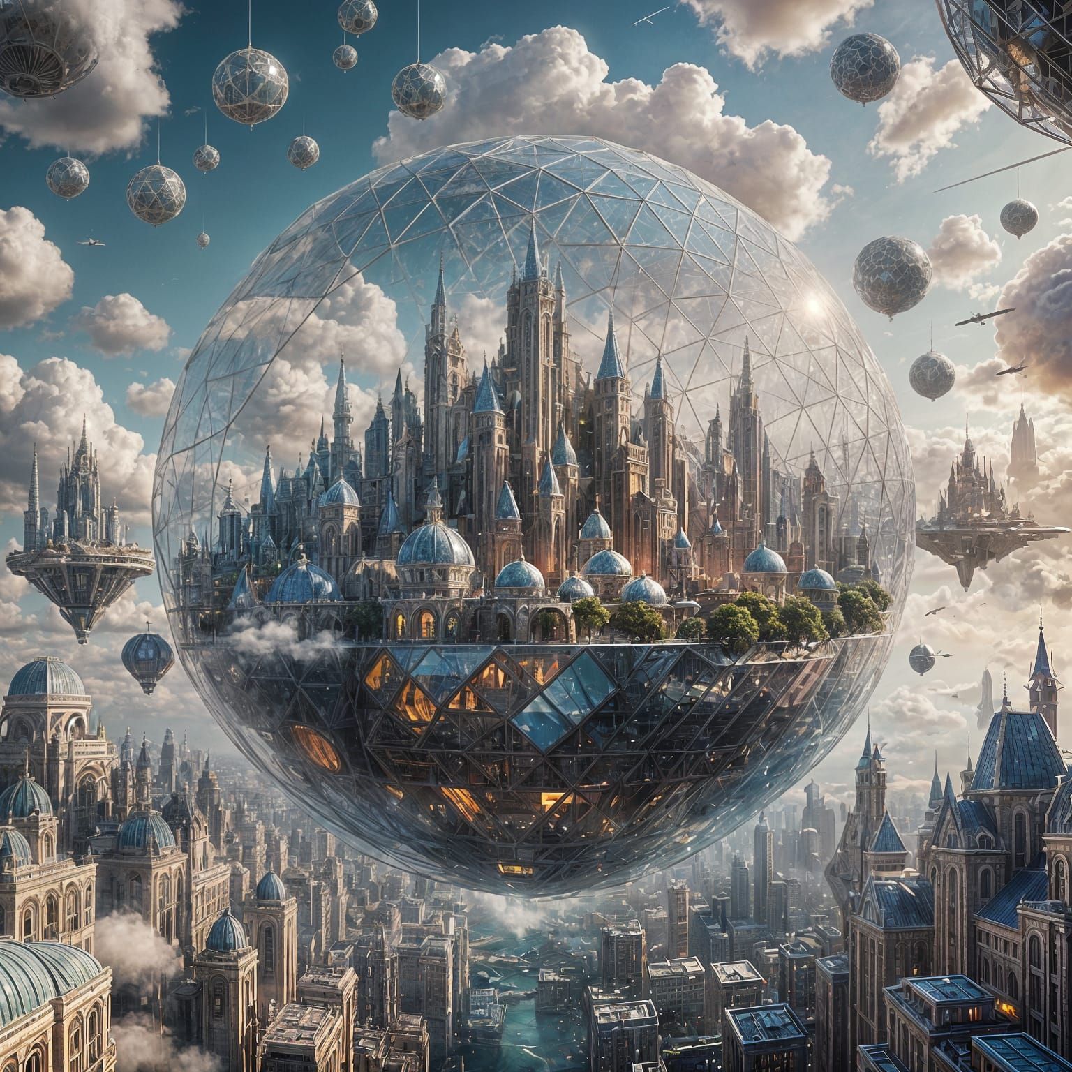 Futuristic City in Glass Orb Floating in Clouds