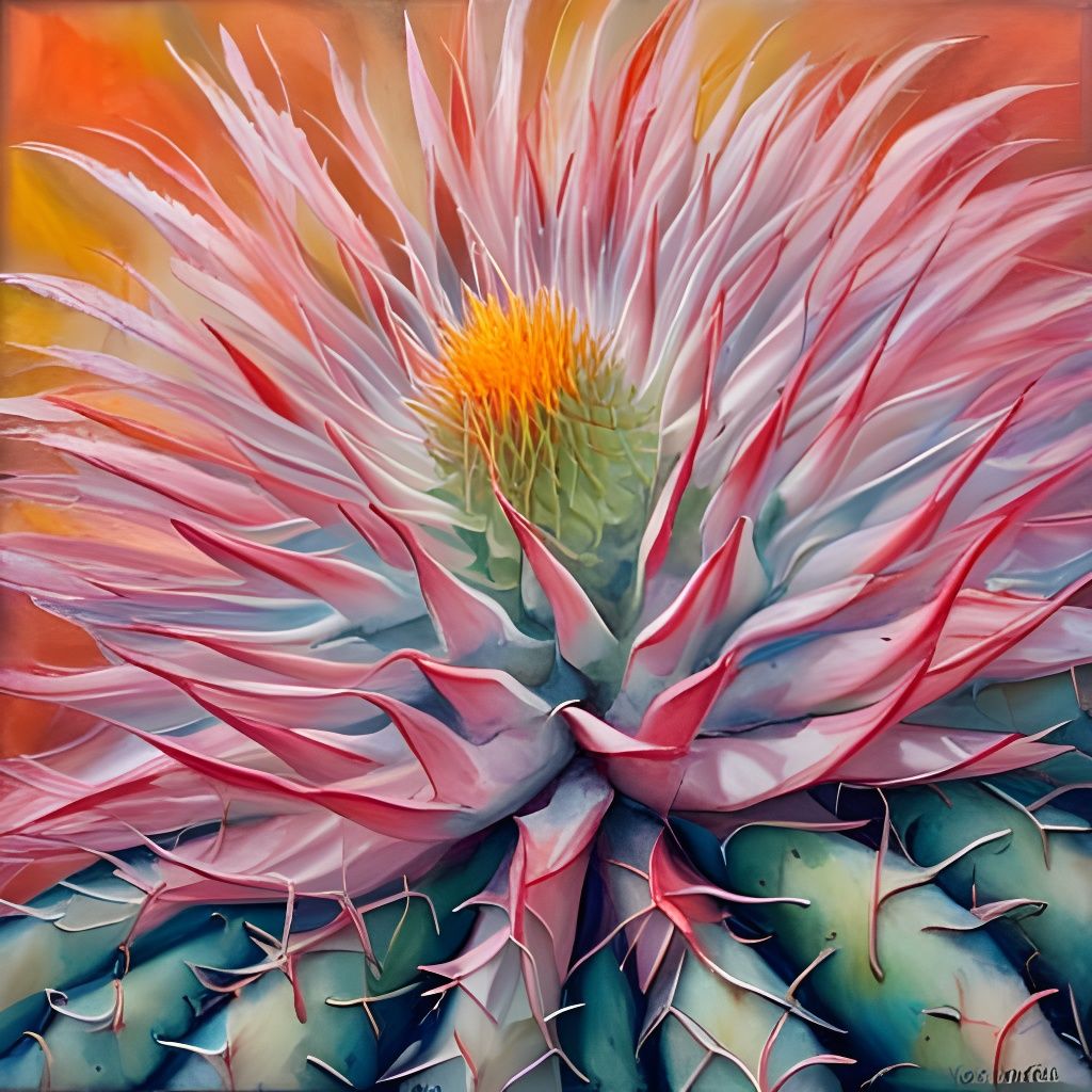 Blooming Cactus Flower in Oil on Encaustic