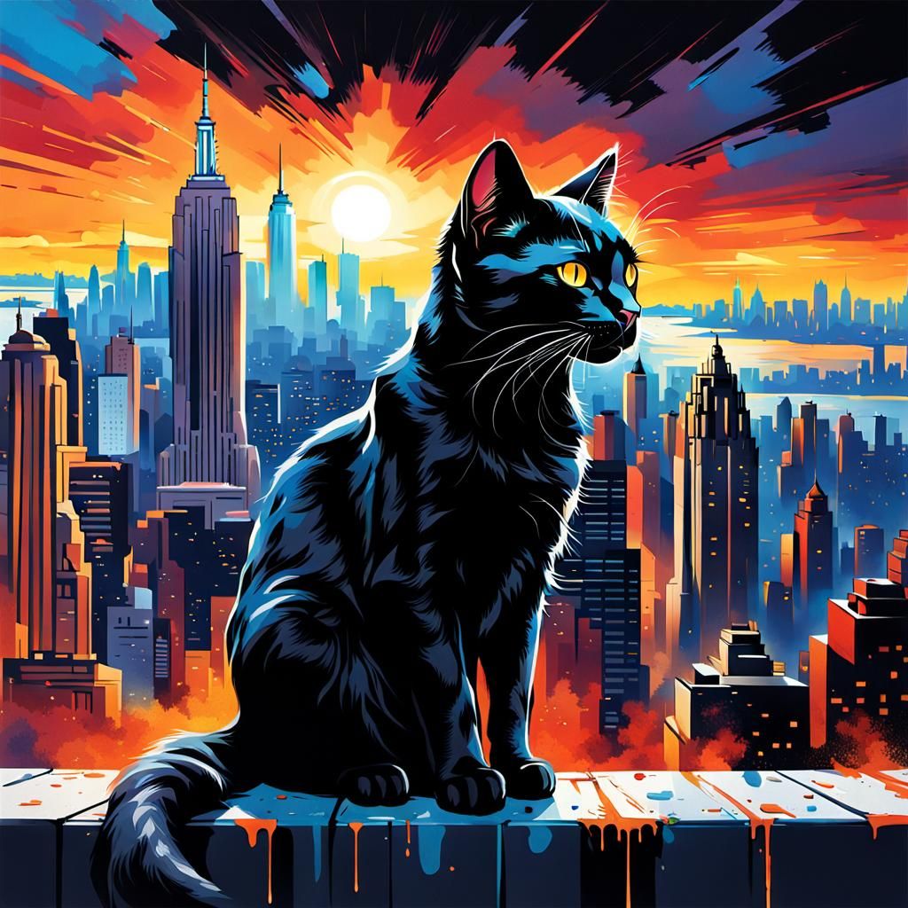 Black Cat Surveys New York City Skyline
