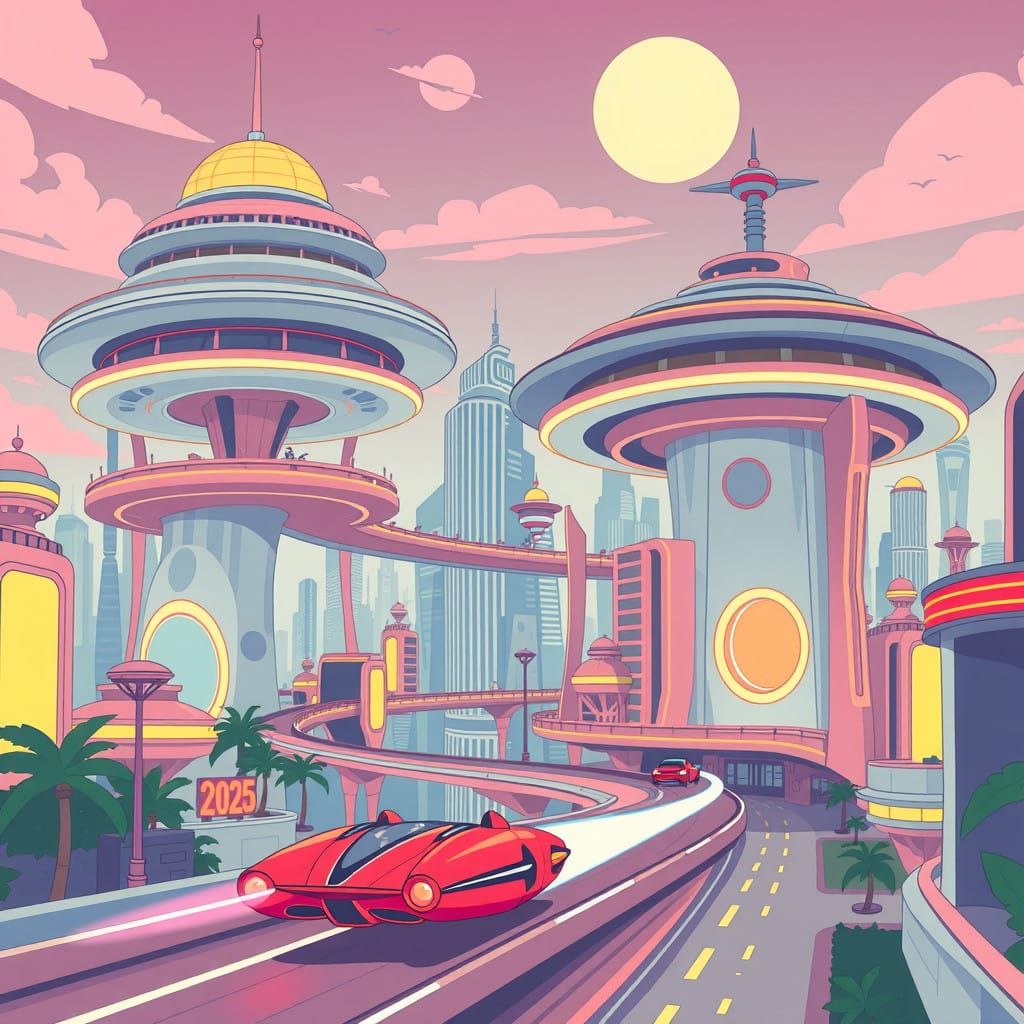 Retro-Futuristic City of 2025 in Vibrant Pastel Hues and Whi...