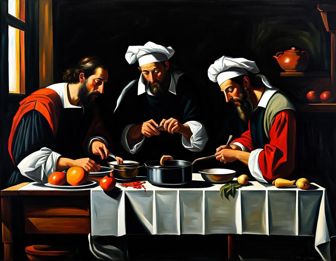 Renaissance Men Cooking in Chiaroscuro Style