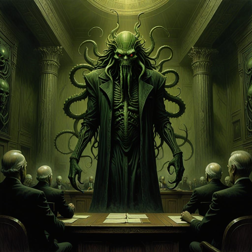Cthulhu, the Tentacled Lawyer, in a Dark Gothic Courtroom