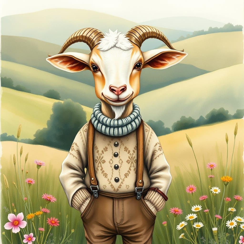 Anthropomorphic Goat Boy in Watercolor Farm Scene