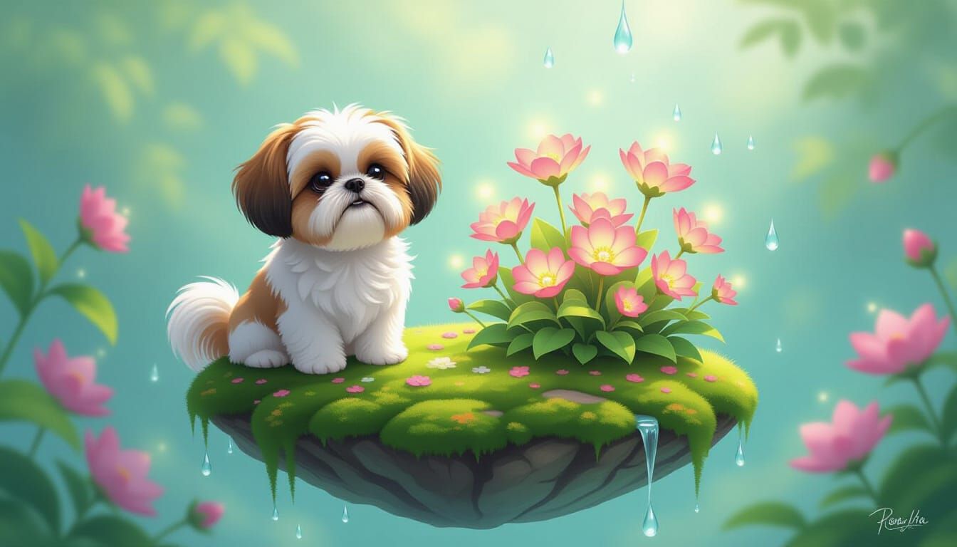 Cute Shih Tzu on Floating Island with Luminous Flowers