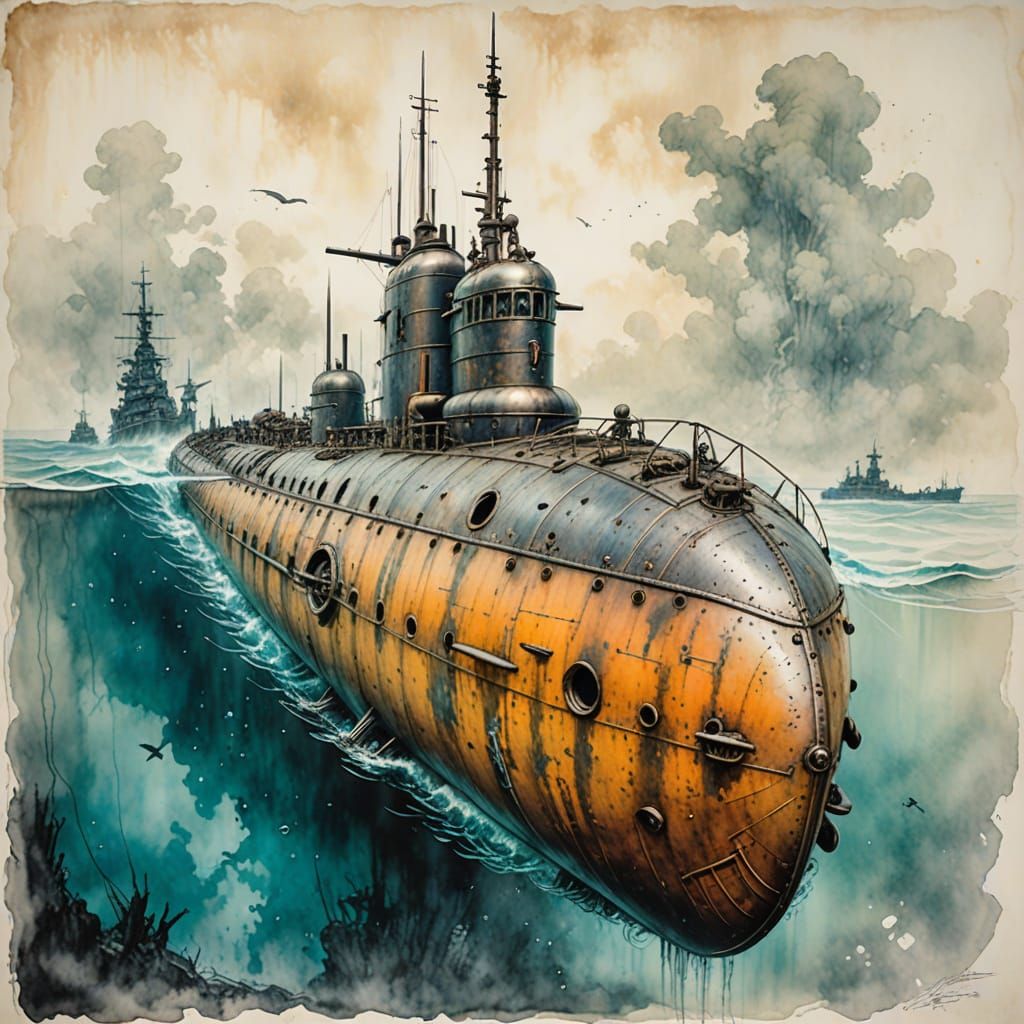 Submerged WW1 Submarine in Dark Ink and Vibrant Watercolor