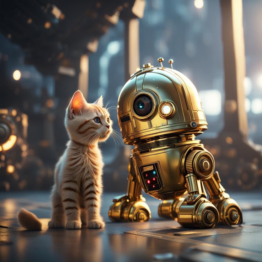 C3PO and Kitten in Futuristic Sci-Fi Style