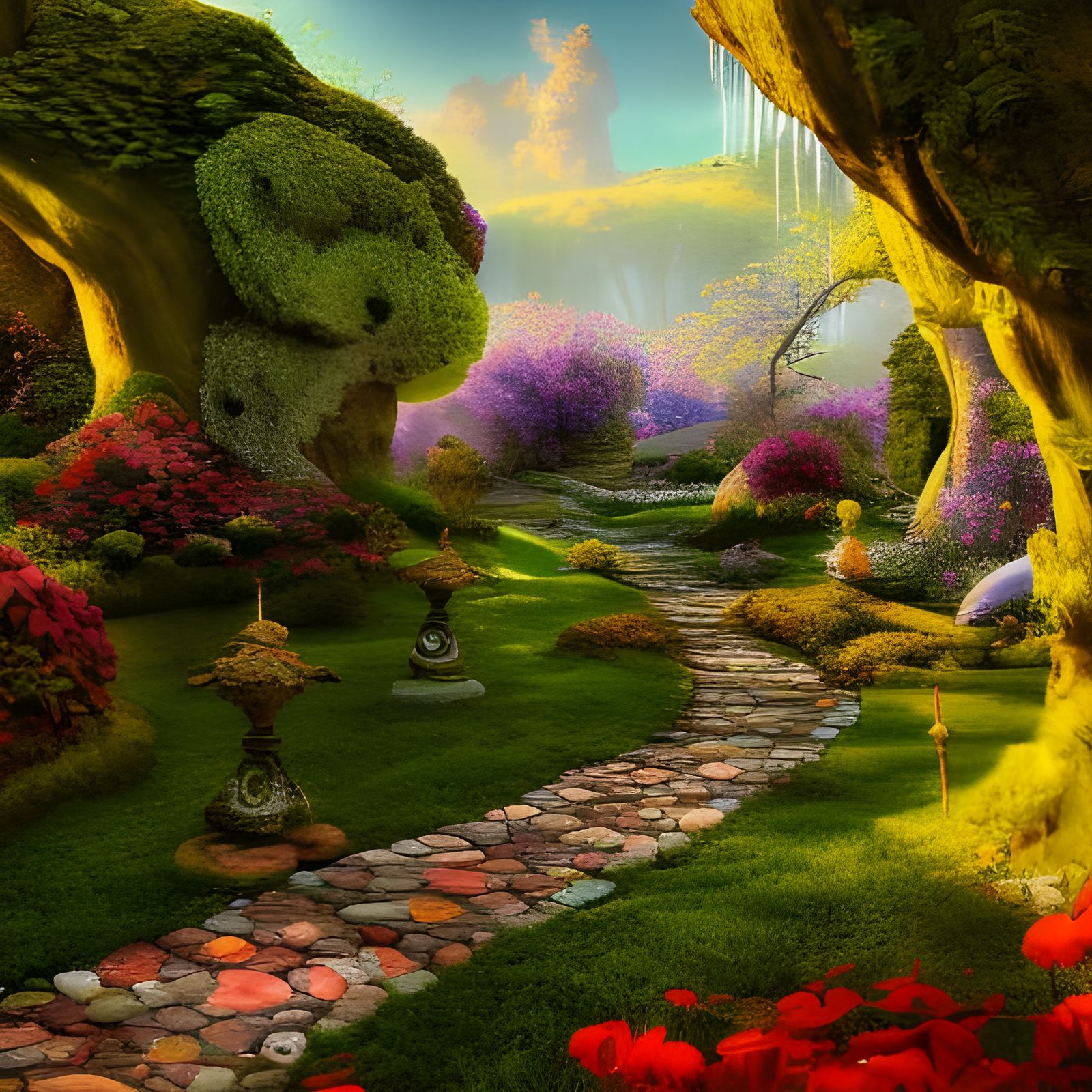 Luxurious Hobbit Garden at Dawn in Photorealistic Style