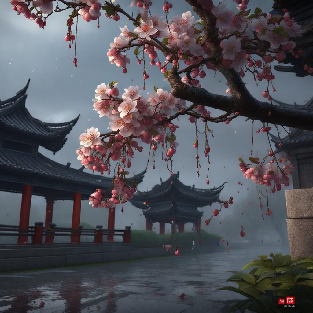 Malus Flowers in Spring Rain, Digital Art