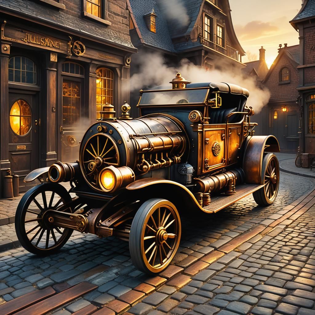 Steampunk Car with House Body on Cobblestone Street