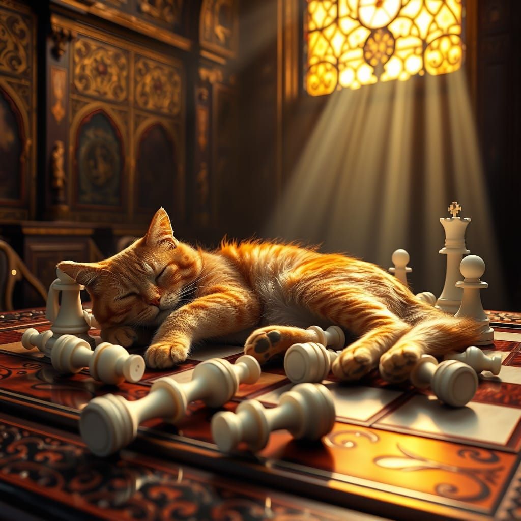 Majestic Orange Cat in Serene Slumber on Ornate Chessboard