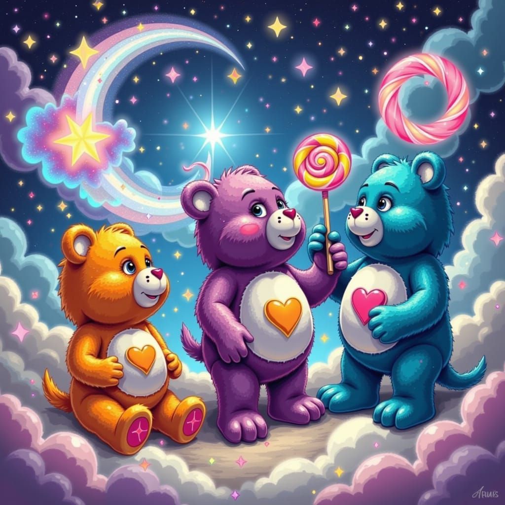 Care Bears in Starry Sky Whimsical Illustration
